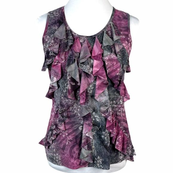 Dressbarn Floral and Animal Print Blouse, Purple, Gray, Petite Medium - Picture 9 of 9
